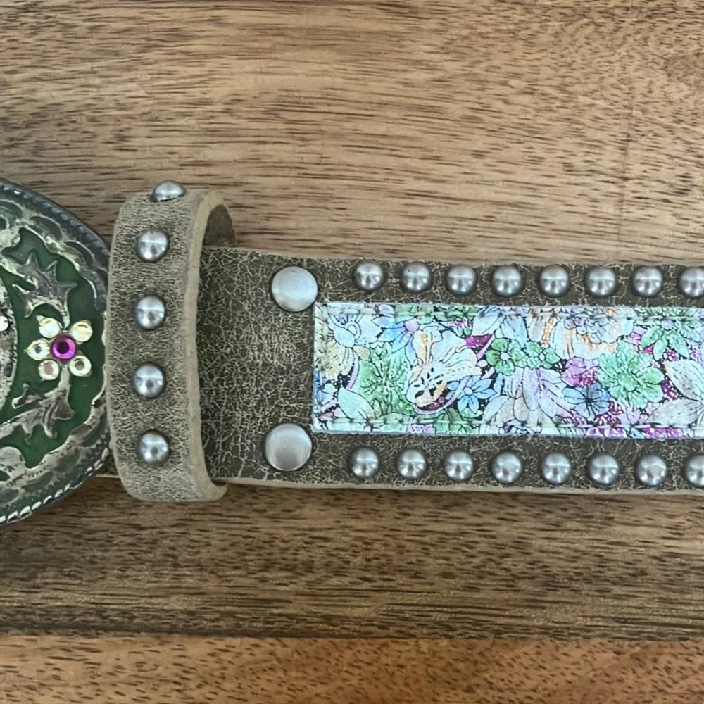 Leatherock 34”l Suede Floral Inlay Belt w/ Crystal Buckle Studded Boho hippie